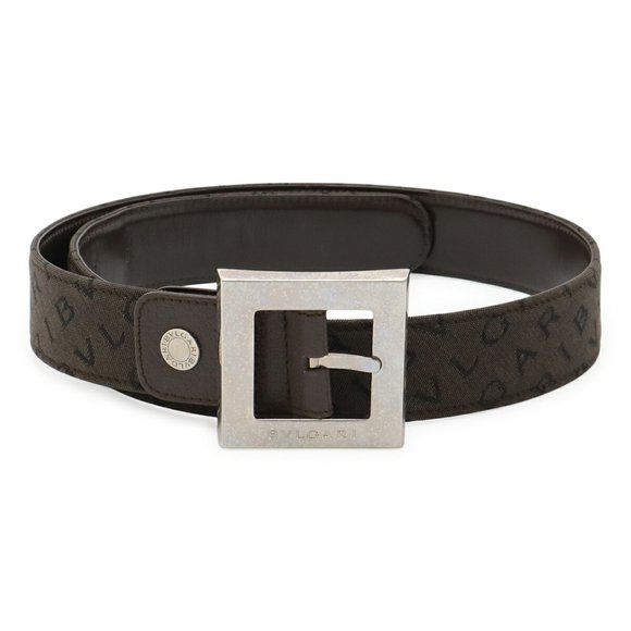 BVLGARI Mania Square Buckle Belt, Canvas and Leather, Dark Brown, Size 42/105,